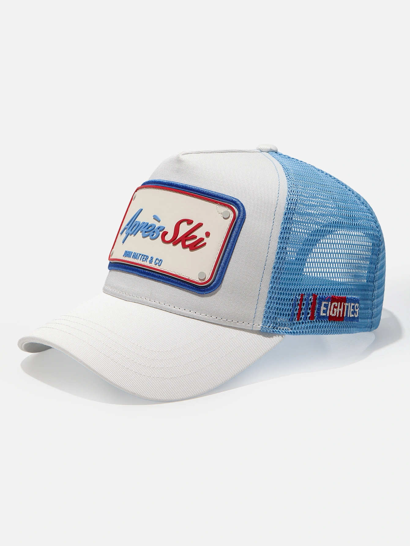 White and blue Après Ski cap from John Hatter FW26