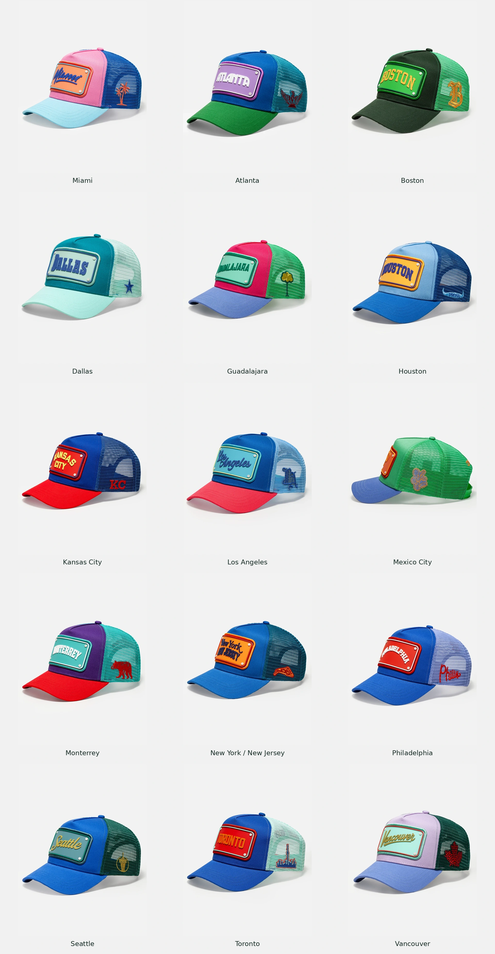 All 15 FIFA Stadium Exclusive city caps shown from a three-quarter front angle, excluding San Francisco